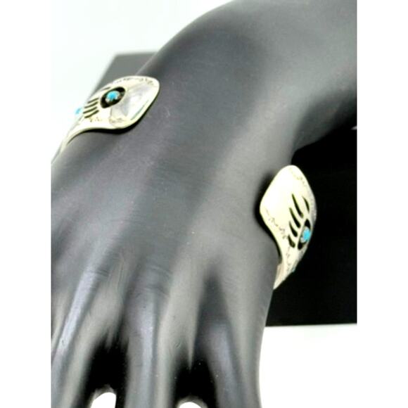 Navajo Bear Claw Turquoise Inset Bracelet Signed Pearlene Spencer - Picture 3 of 4